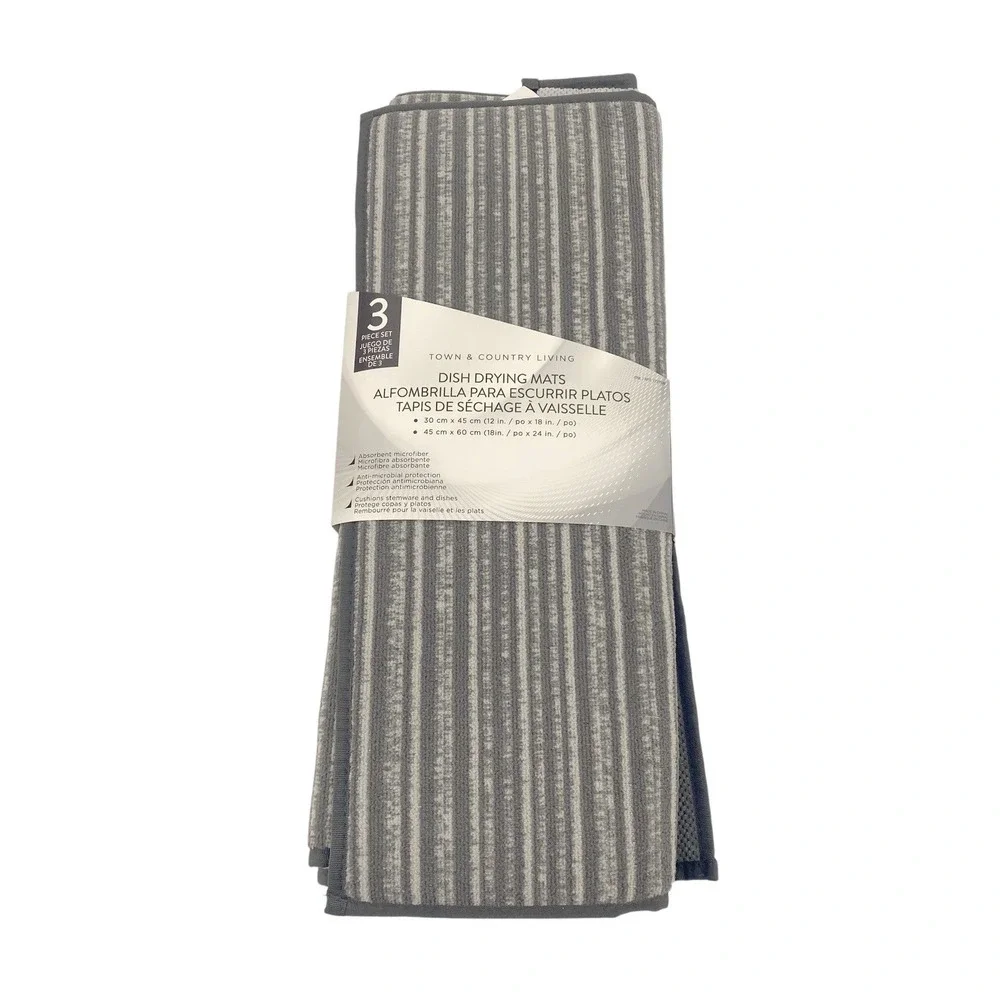 Town & Country Living Dish Drying Mats 3pc Grey NEW Microfiber StripedSolid